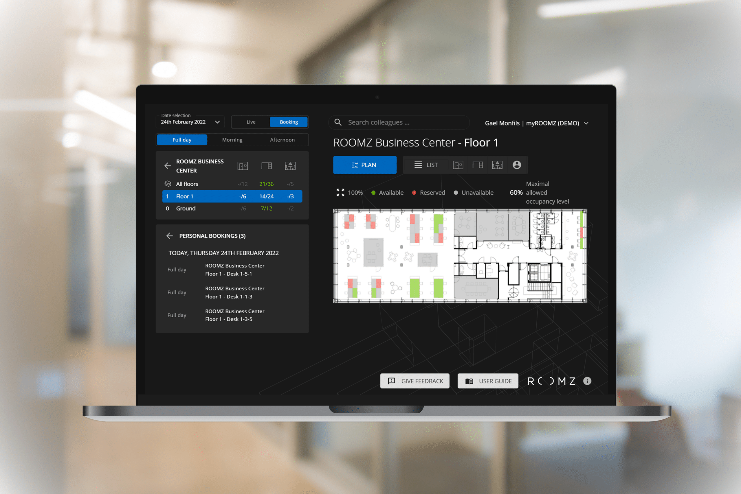 myROOMZ interactive floor plan for booking available workspaces